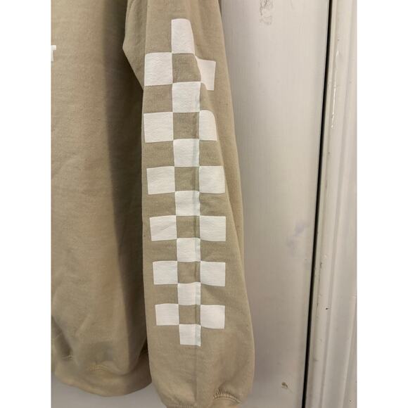 Crime Junkie Podcast Beige Sweatshirt Checkered Sleeve Accents 100% Cotton - Picture 4 of 7
